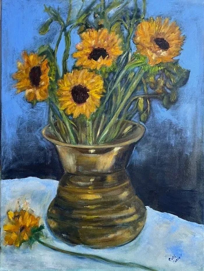 Sunflower in brass pot
