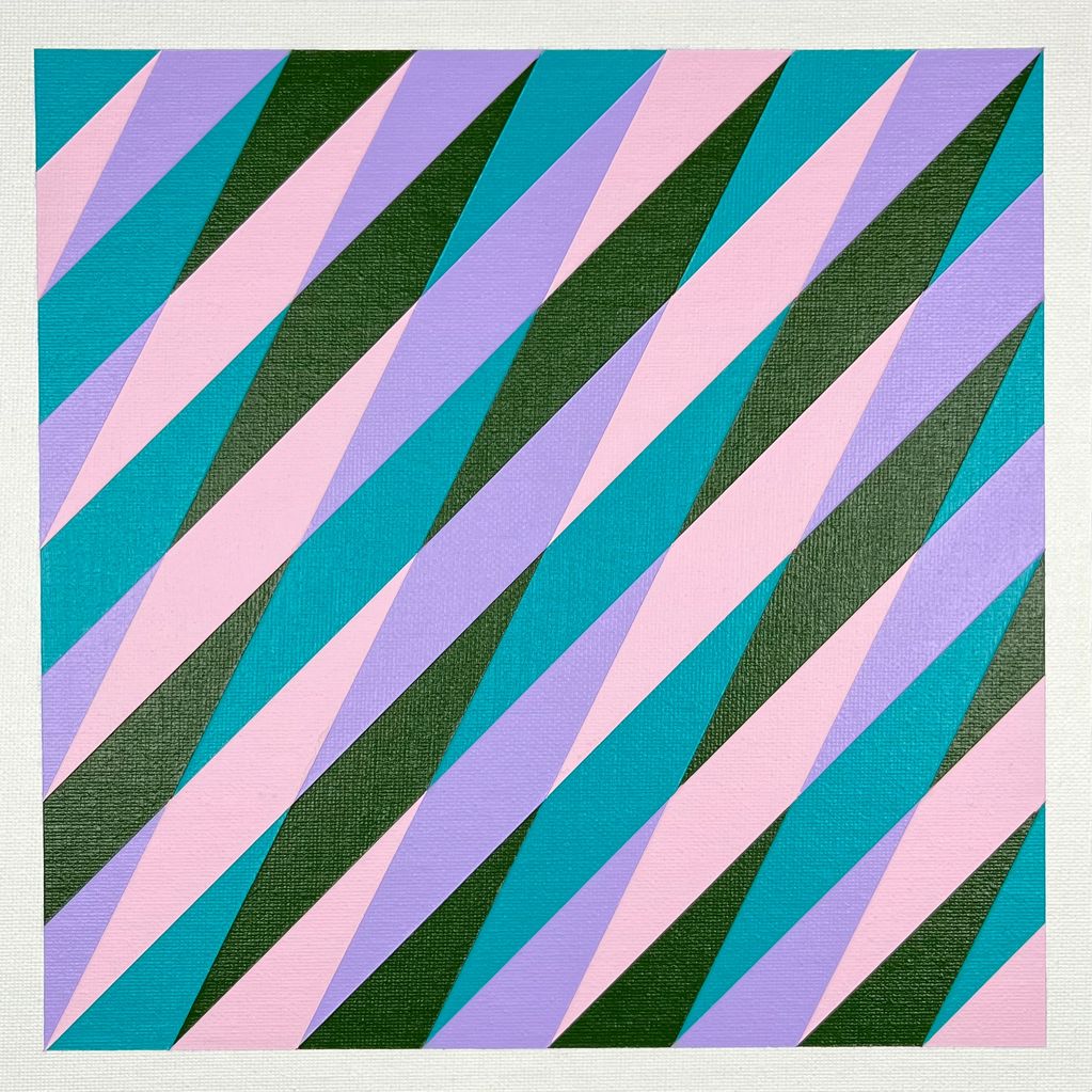 Geometric abstract pattern with diagonal stripes in blue, purple, pink, and green.