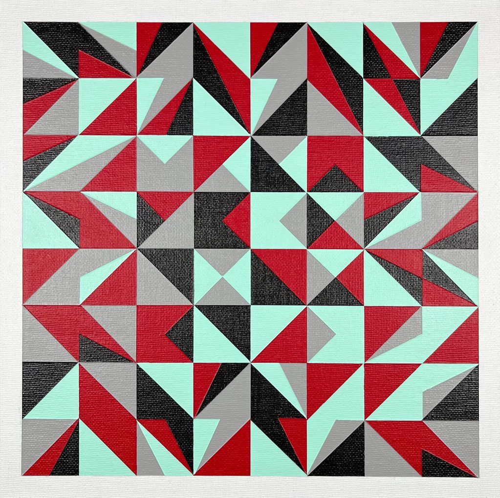 Geometric abstract painting with triangles in red, black, gray, and light blue.