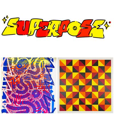 Colorful abstract geometric and patterned designs with 'SUPERPOSE' text.