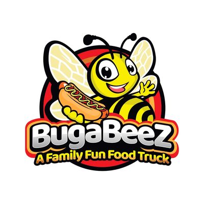 Cheerful bee mascot holding a hotdog for BugaBeez food truck.