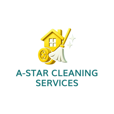 Logo of A-Star Cleaning Services with house, broom, and sparkle icons.