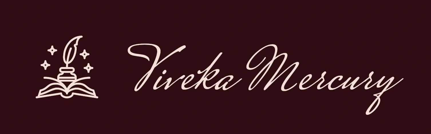 Elegant logo with quill and book icon, text 'Viveka Mercury' in cursive.