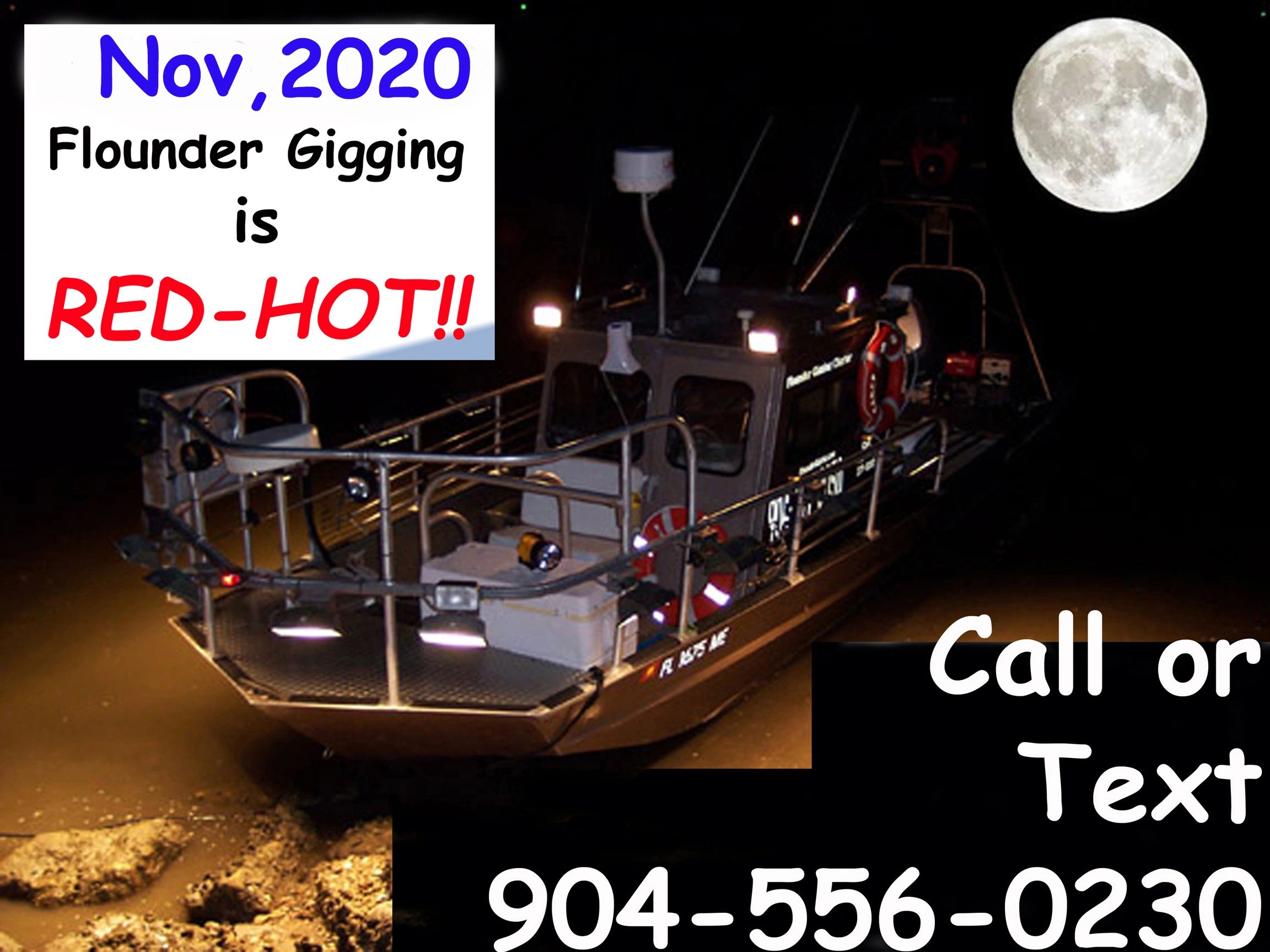 Flounder Boat, parked besides the shoreline, lights on with Nov, 2020 Flounder Gigging is Red-Hot!