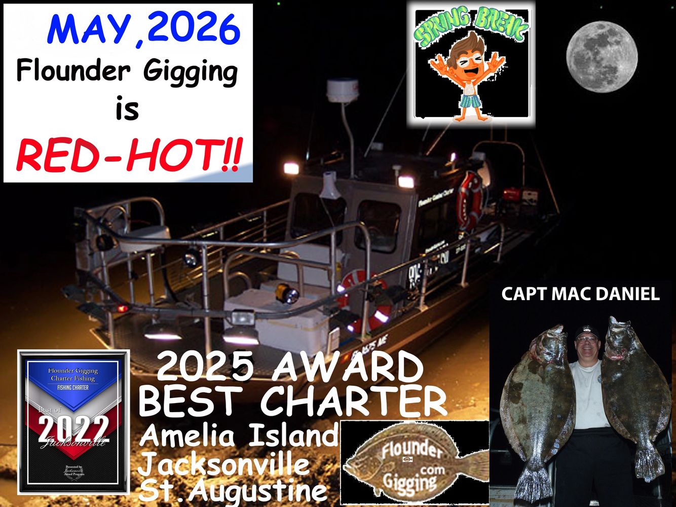 Our boat, the Flounder Barge, by the edge of the water in May, 2026. Text us at 904-556-0230.