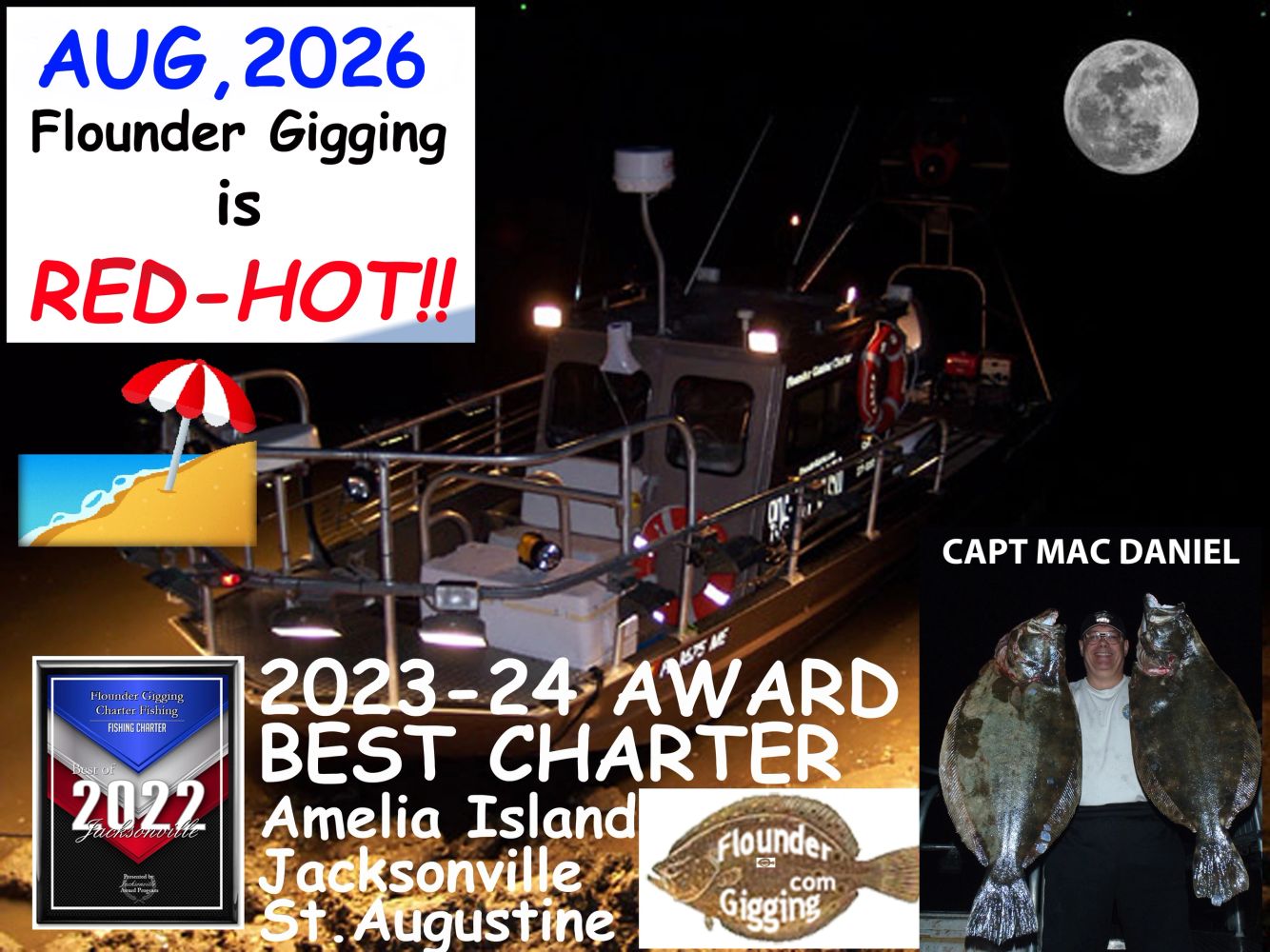 Our boat, the Flounder Barge, by the edge of the water in August, 2026. Text us at 904-556-0230.