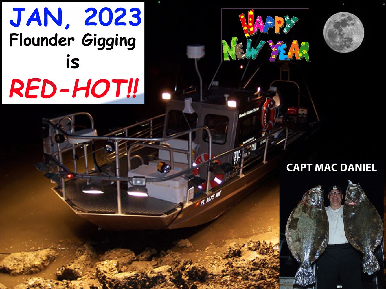 Our boat, the Flounder Barge, besides the waters edge in Jan, 2023. Happy New Year!