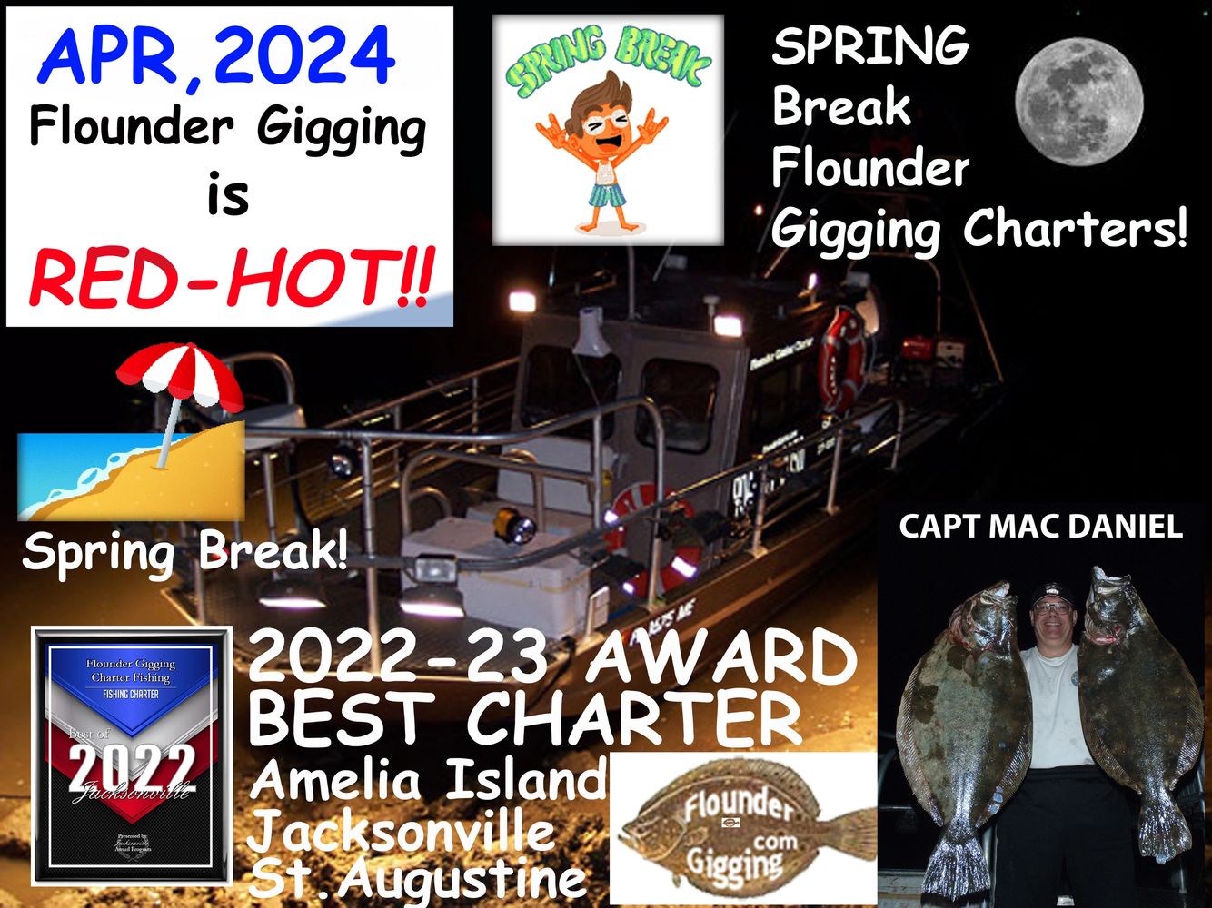 Our boat, the Flounder Barge, by the edge of the water in April, 2024. Text us at 904-556-0230.
