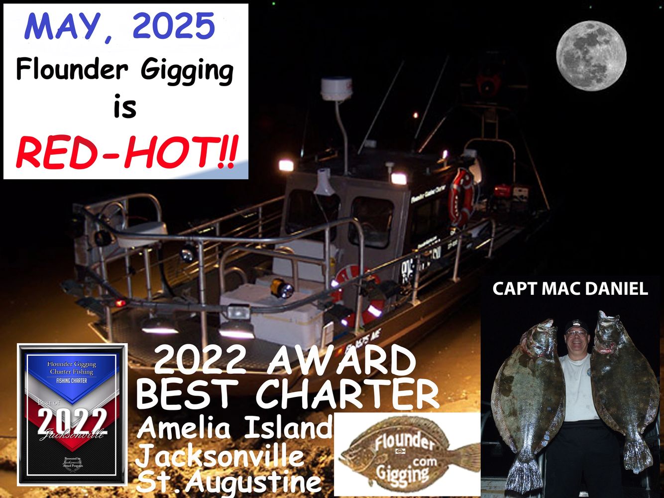 An image of our charter boat, the Flounder Barge, by the water's edge.