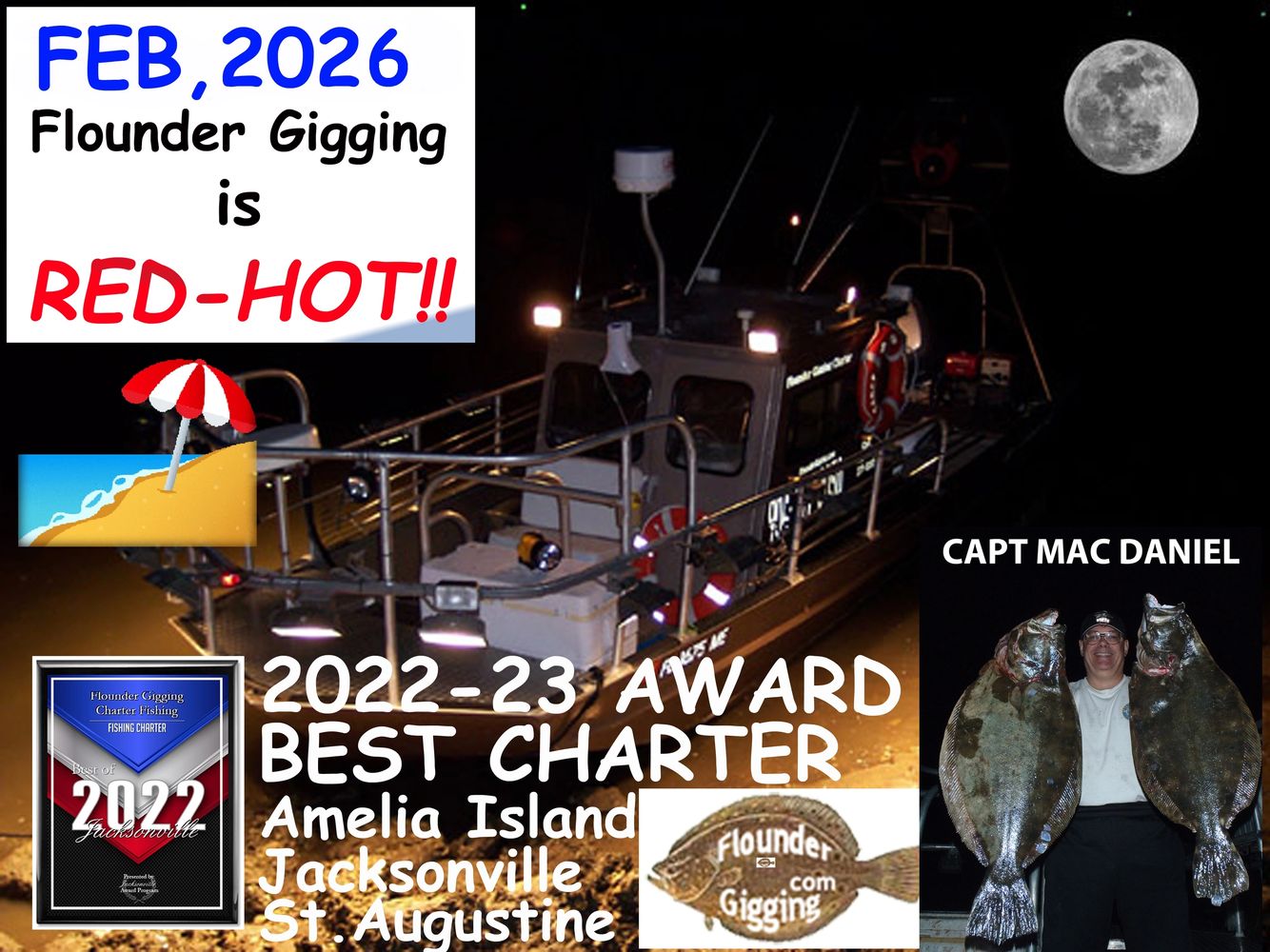 Our boat, the Flounder Barge, by the water's edge on a beautiful night.