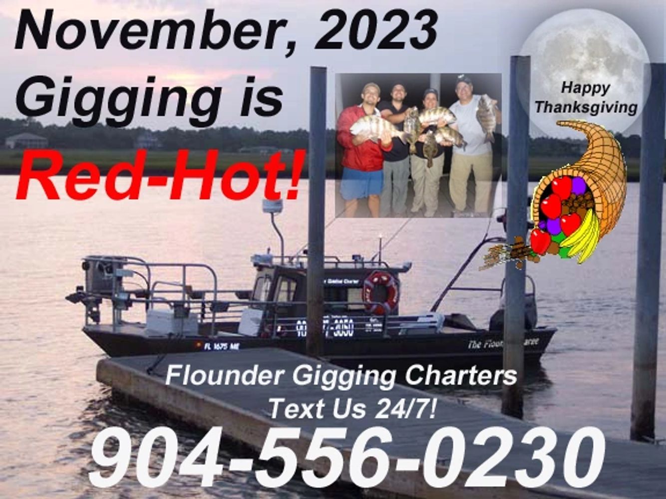 Our boat, the Flounder Barge, by the edge of the water in November, 2023. Text us at 9045560230 to g