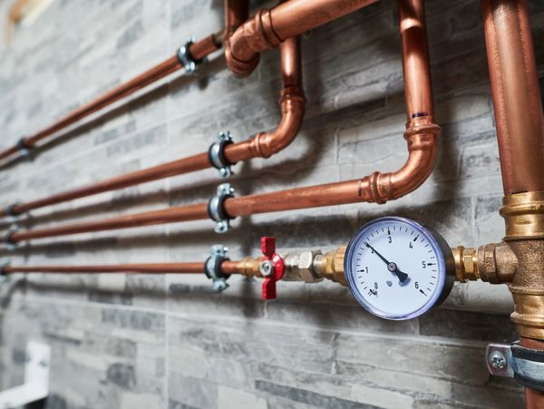Sanitary services. the copper pipe of a heating system in the boiler room