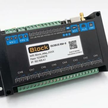 ISOBUS RM-8 electronic control module with labeled connections and network interfaces.