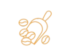 Minimalist coffee logo with beans and scoop in brown tones.