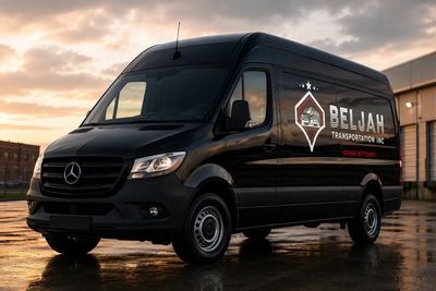 Black Mercedes-Benz van with Beljah Transportation Inc. logo parked at sunset.