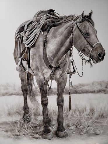 Fine art Fumage drawing of a quarter horse, rodeo, ranch  roper's horse.