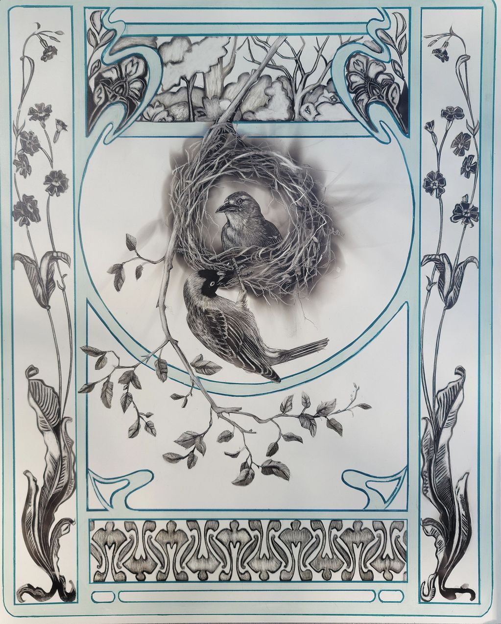 Wildlife art of Speke's Weaver birds in Art Nouveau style. Accepted into The Birds In Art 2024