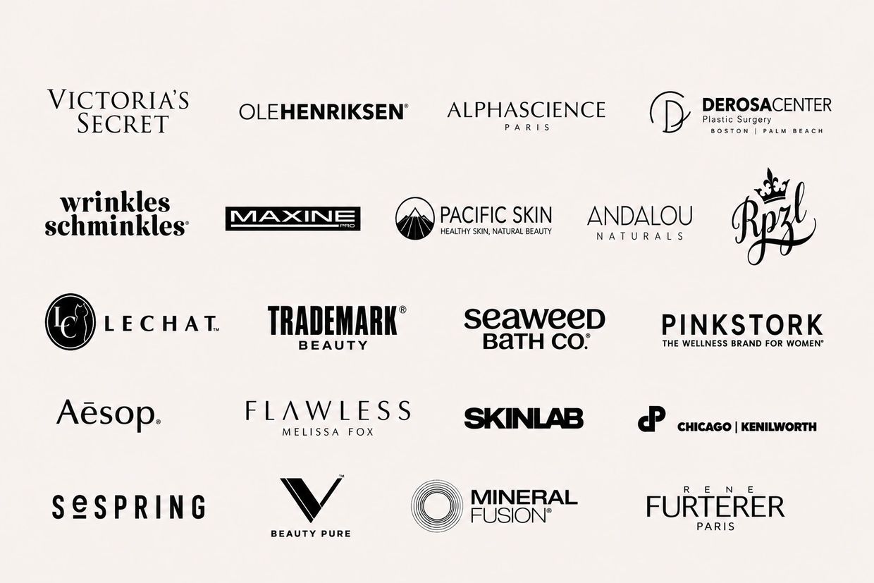 Kim Farrington - FarringtonPR Present & past clients
Grid of diverse beauty and wellness brand logos