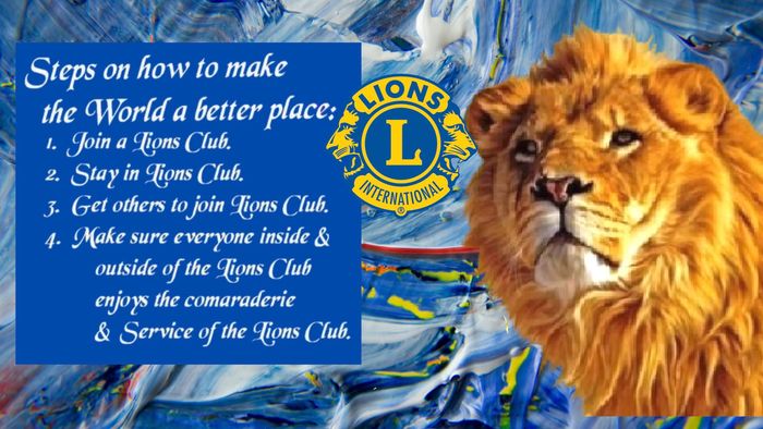 Image of a lion along with the Lions Club logo and Steps on how to make the world a better place