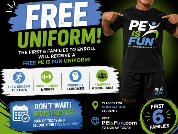 Promotional flyer for free PE uniform and classes.
