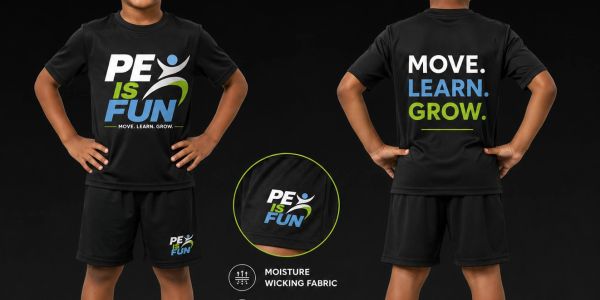 Kid wearing a black PE is Fun moisture-wicking t-shirt and shorts set.