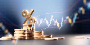 Percentage Sign On Top Of Coin Stacks Before Blue Financial Graph