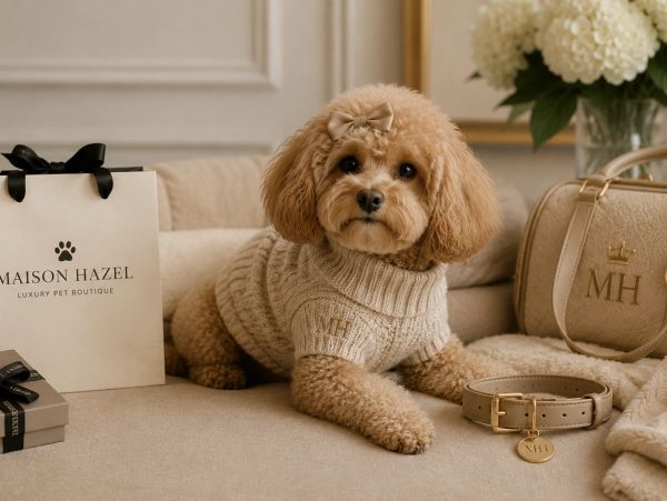 Adorable poodle in a cozy sweater with matching accessories from Maison Hazel.
