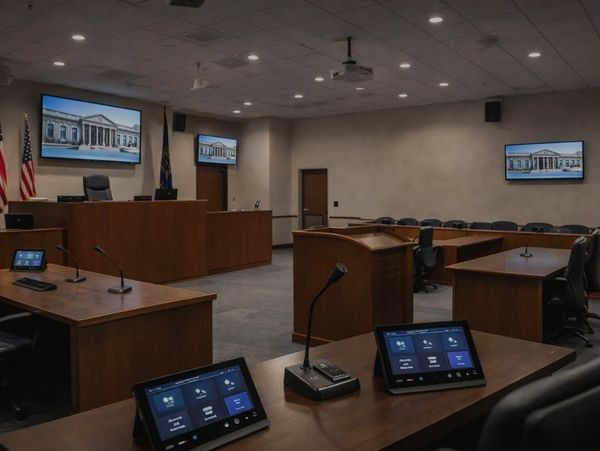 Modern courtroom with advanced audio visual equipment setup