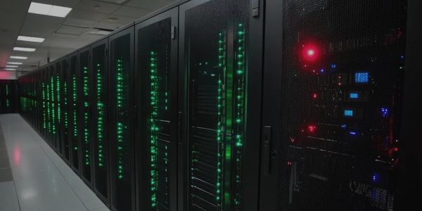Data center with green, red, and blue lights