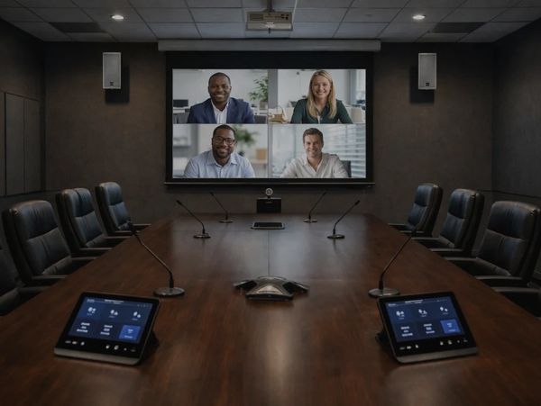 Modern boardroom with a video conference setup