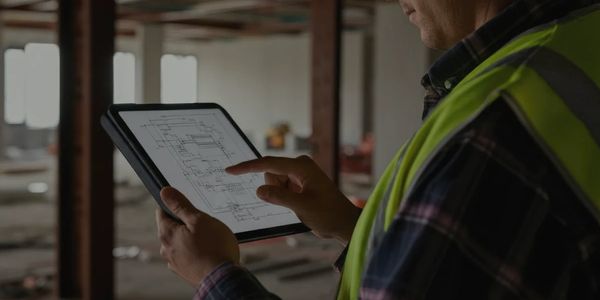 Individual holding a tablet with building schematics on the screen