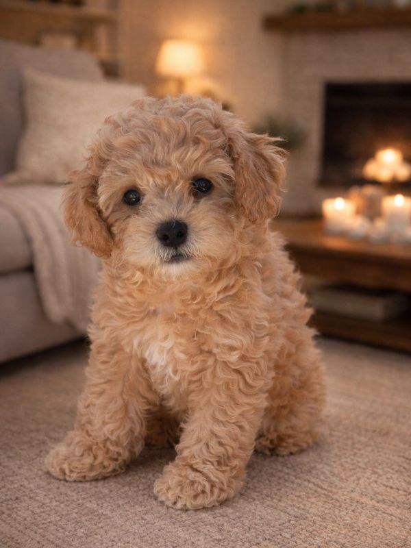 Curly-haired brown puppy sitting indoors.