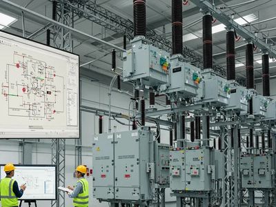 Detailed substation layout featuring protective devices and engineers discussing design plans