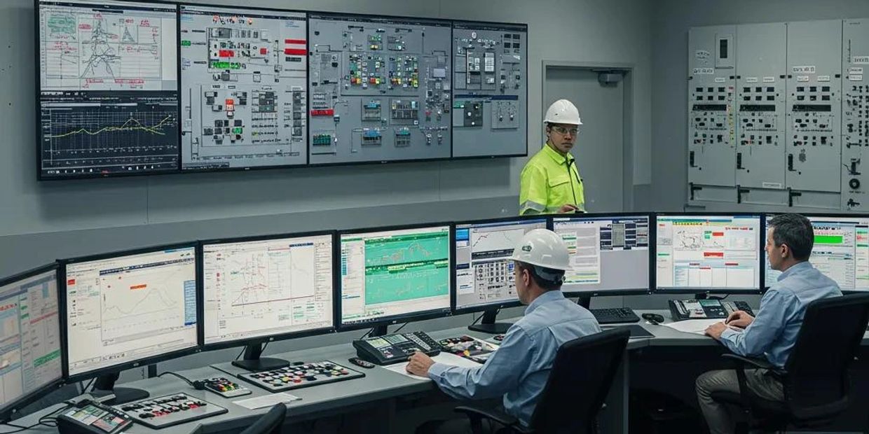 Engineers in a modern control room overseeing power systems and protective relays
