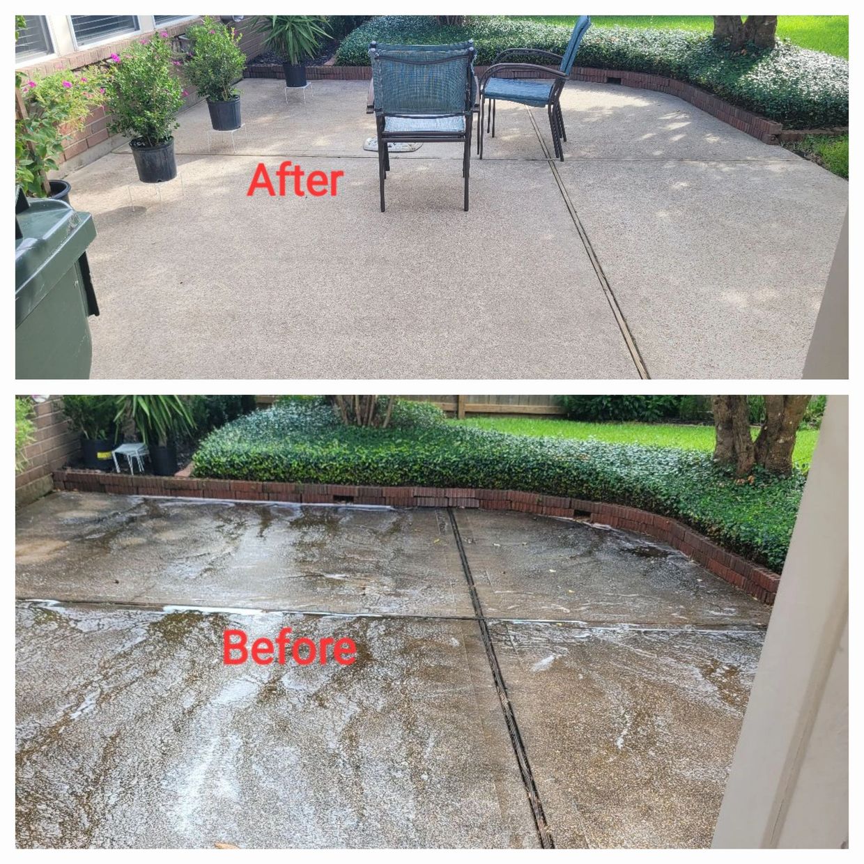 Before and after images of a cleaned concrete patio.