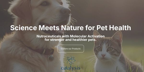 A dog and cat with pet health product ad overlay.