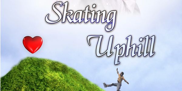 Book cover showing a man between two women with a skater on a green hill.