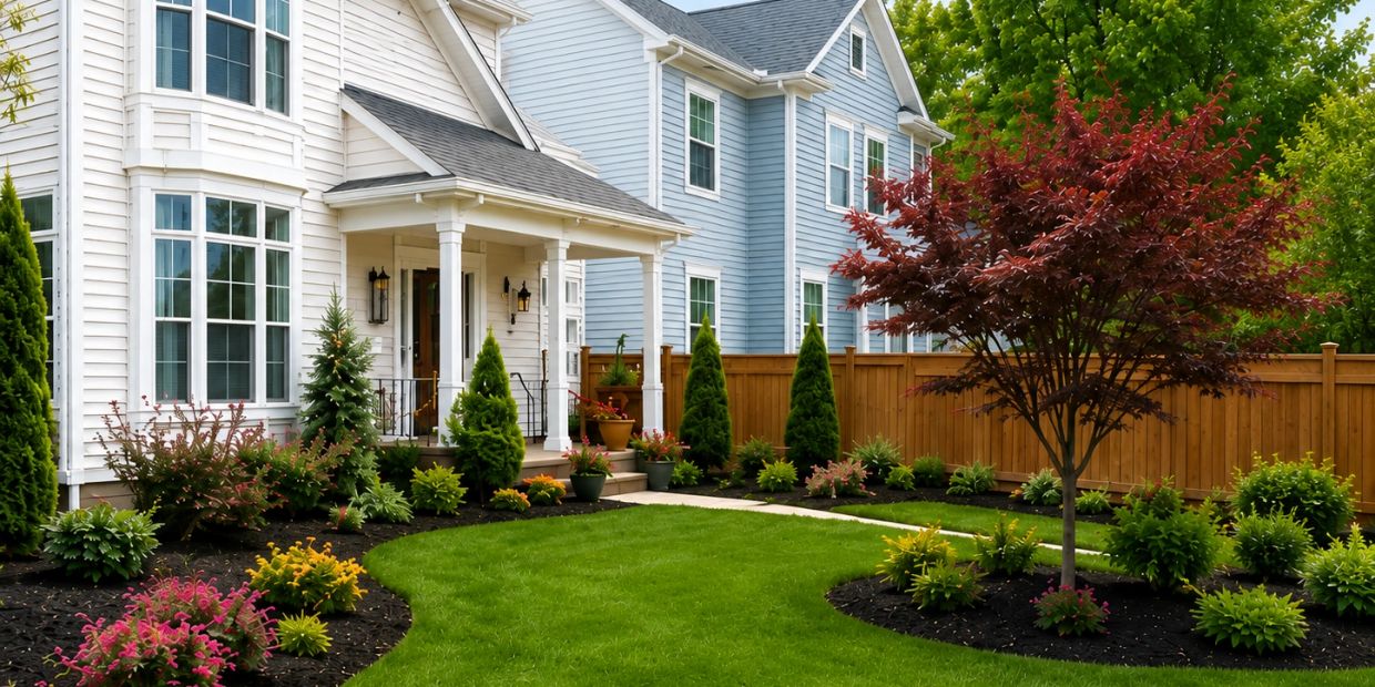 Well-maintained suburban front yard with lush greenery and a red-leaved tree.