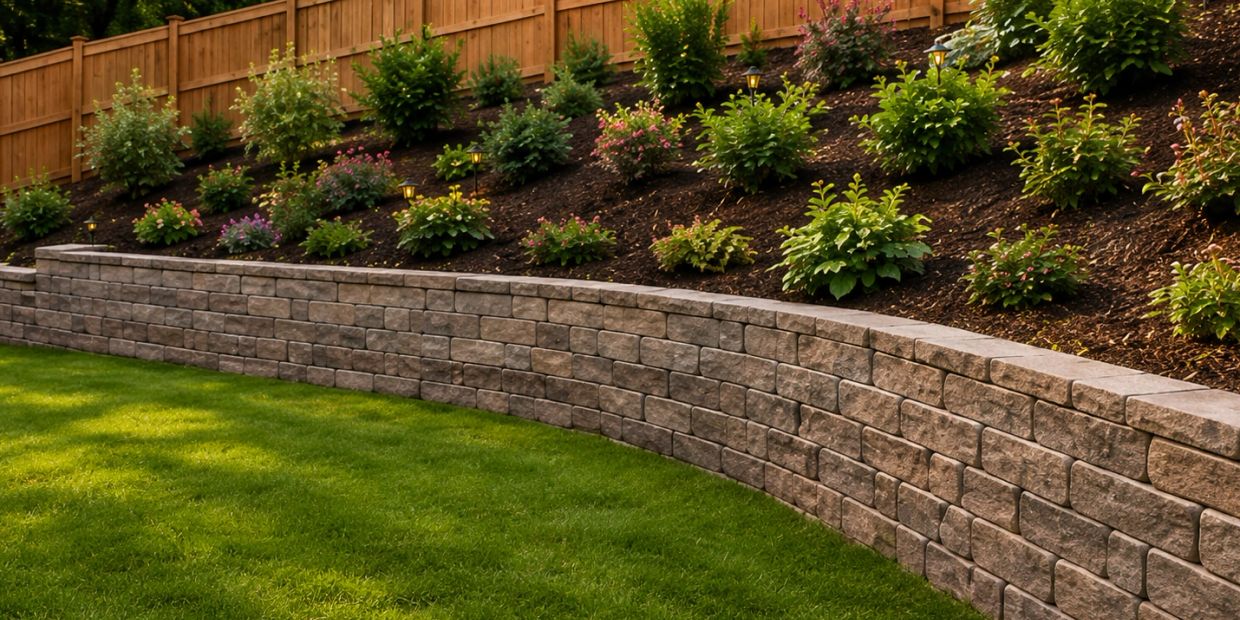 Curved stone retaining wall with lush garden and wooden fence.