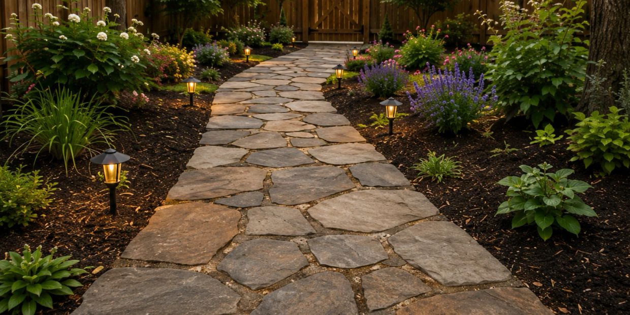 Stone pathway with garden lights and blooming flowers on both sides.