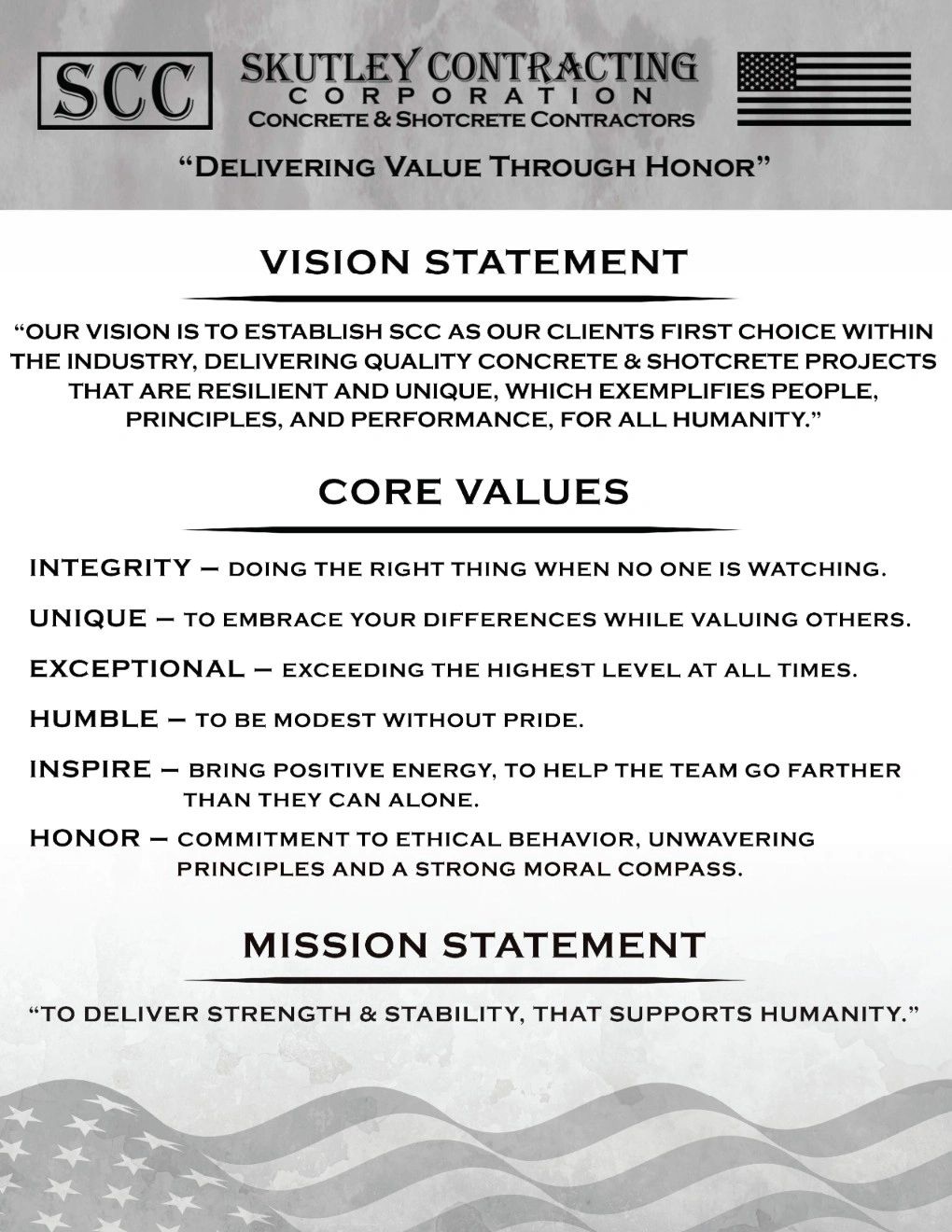 Skutley Contracting Corporation's vision, core values, and mission statement.
