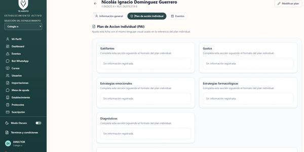 Dashboard screen showing individual action plan sections for a user named Nicolás Ignacio Domínguez Guerrero.