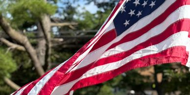 American flag waving outdoors on a sunny day with greenery.