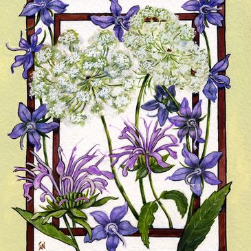 Illustration of white and purple flowers framed by a double border on a pale yellow background.