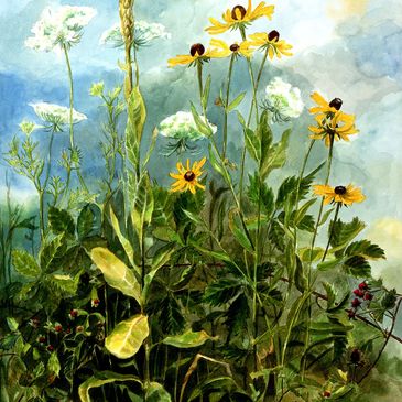 Watercolor painting of wildflowers with yellow petals and green leaves under a soft sky.