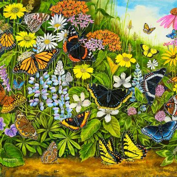 Colorful butterflies fluttering among vibrant wildflowers in a lush garden.