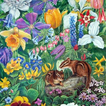 Two chipmunks sit on a rock surrounded by vibrant flowers in a lush garden.