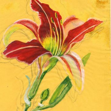 A vibrant red and yellow lily painted on a yellow background.