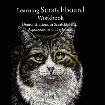 Cover of a scratchboard art workbook featuring a detailed cat illustration.