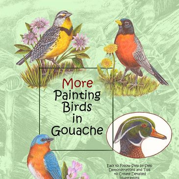 Book cover featuring detailed gouache paintings of colorful birds and flowers.